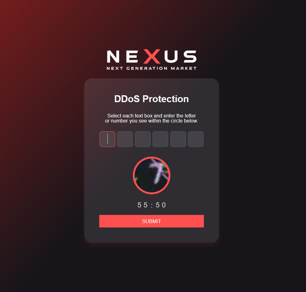 Nexus Darknet CAPTCHA verification screen with animated DDoS shield on Nexus Market