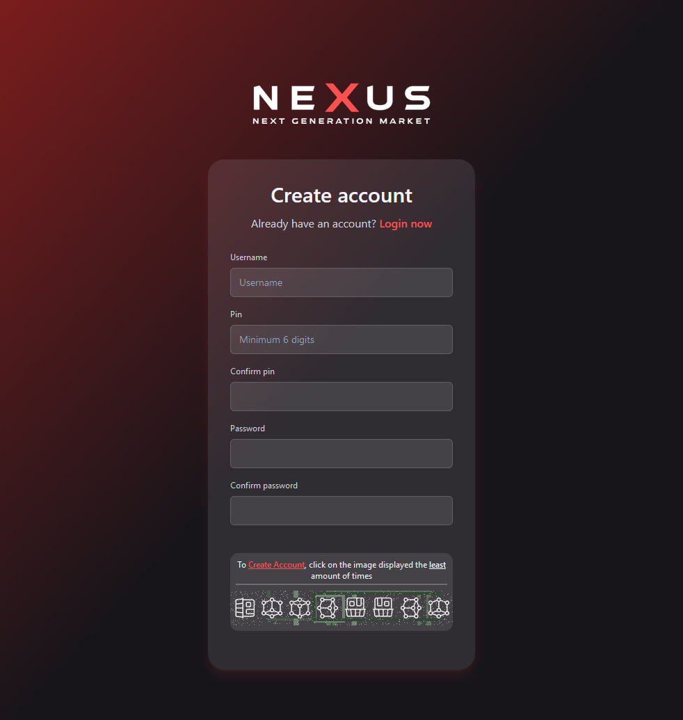 Nexus Darknet signup screen with secure Nexus Market registration form and PGP field