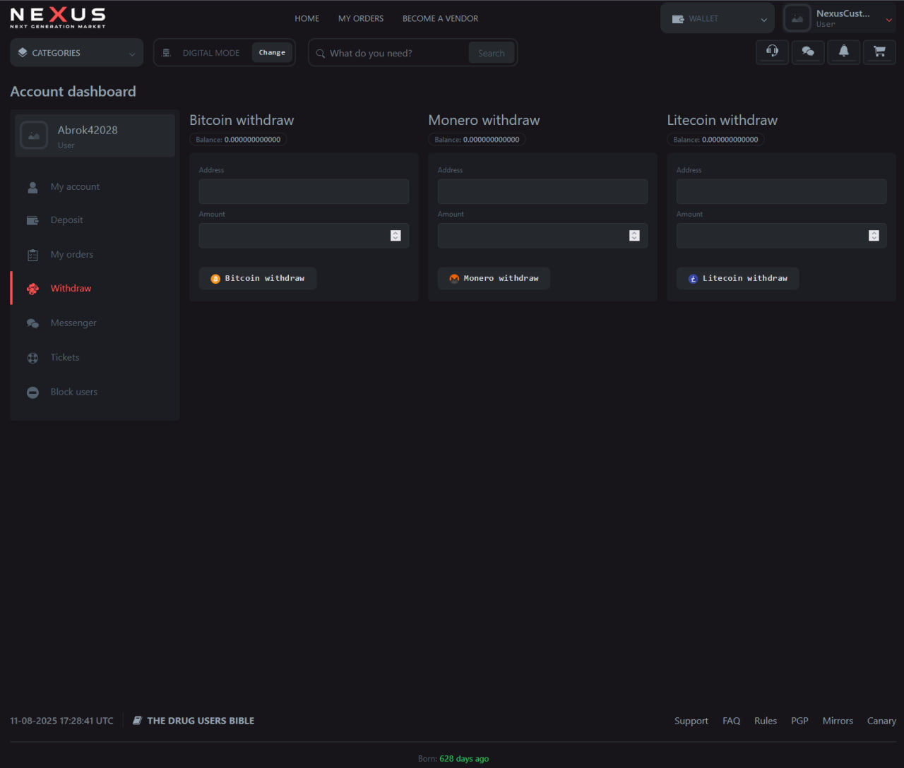 Nexus Darknet wallet showing BTC and XMR in Nexus Market’s cyberpunk UI